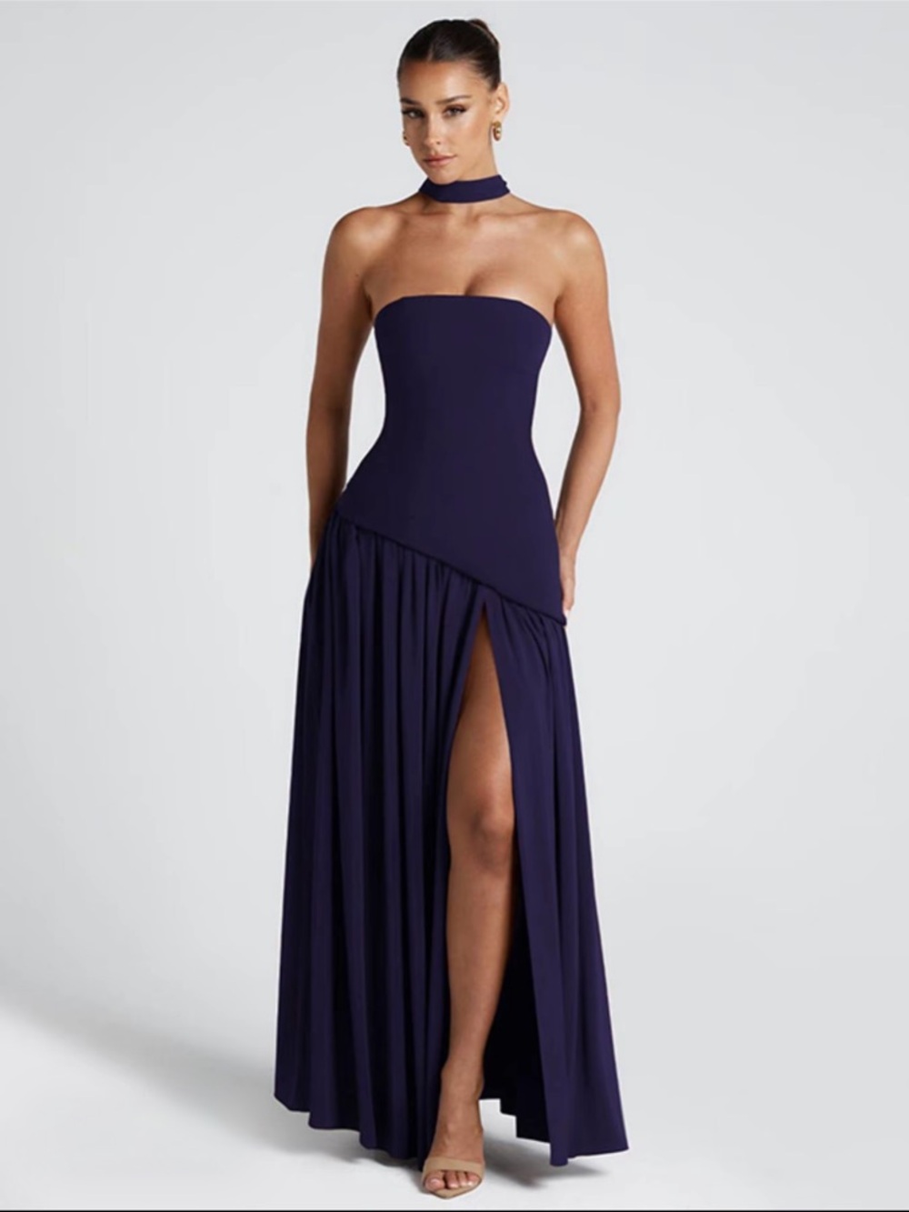 Strapless Navy Evening Gown with a neck scarf